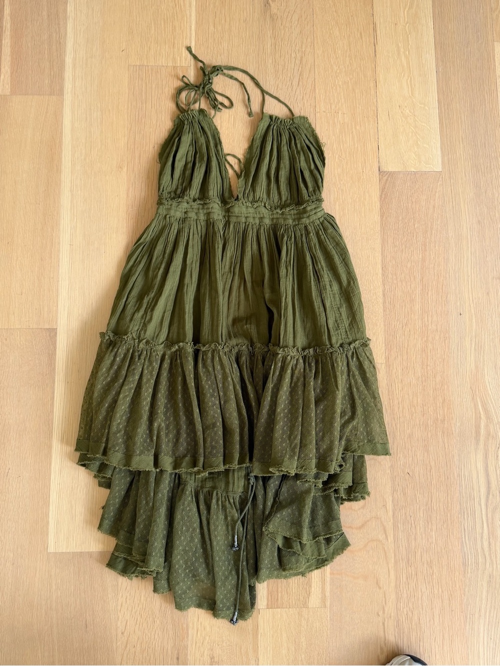 Free People Size Large Olive Green Halter Mini Dress Boho Hippie Cotton V Neck - Picture 3 of 16